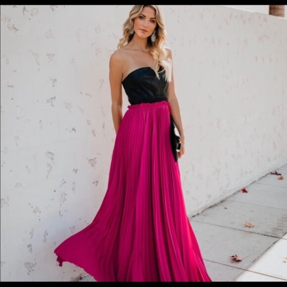 Vici Pop Of Glam Faux Leather Contrast Pleated Maxi Dress, Fuchsia/Black, in L - Picture 3 of 4